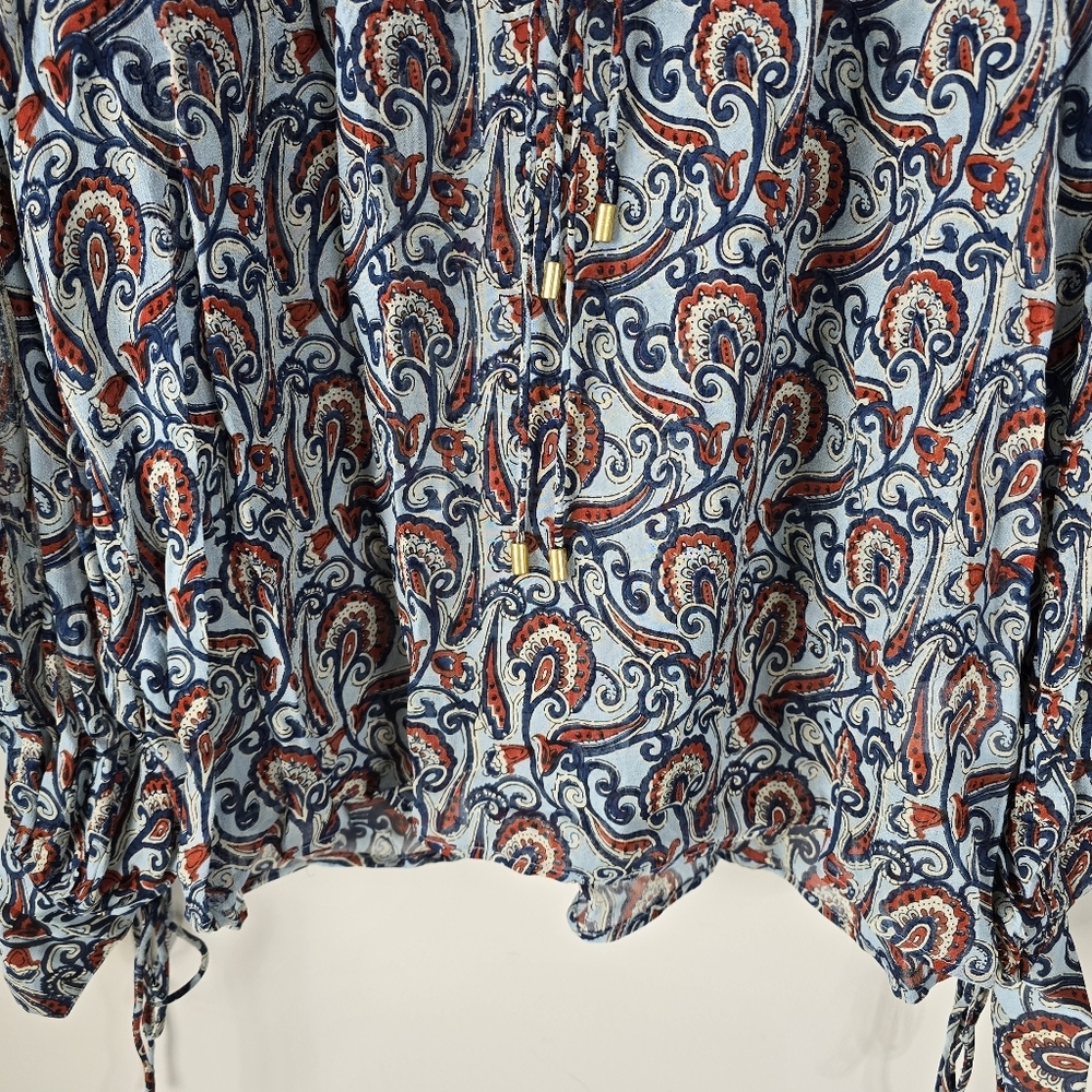 NWT Karina Grimaldi Eliza Long Sleeve Semi Sheer Blouse XS Blue Paisley Print - Picture 2 of 11